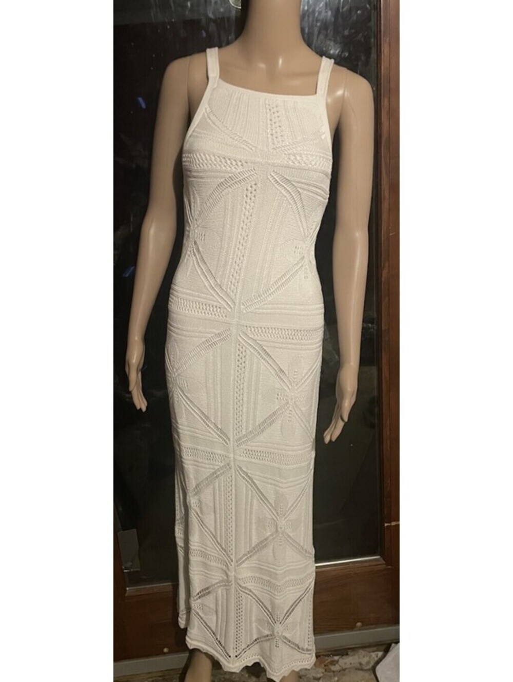 Crochet Long Maxi Dress Ivory Halter Boho Crochet Lined Medium NWT Sleeveless